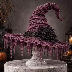 Puede incluir: Un sombrero de bruja de ganchillo en color ciruela intenso con una punta curva y un ala ancha con flecos de encaje colgantes. El sombrero está decorado con una banda de encaje negro, un broche de camafeo ovalado y rosas de ganchillo.