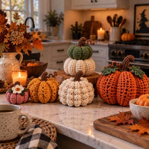 May include: A collection of handmade crochet pumpkins in various sizes and colours, including orange, cream, green, and pink. The pumpkins feature textured yarn stitches, brown stems, and decorative details like a small white flower on the pink pumpkin.