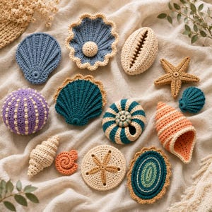 May include: A collection of crocheted sea life items including various shells, a starfish, a sea urchin, and a sand dollar. The pieces feature colours such as blue, teal, purple, orange, and cream, showcasing intricate yarn textures and patterns.