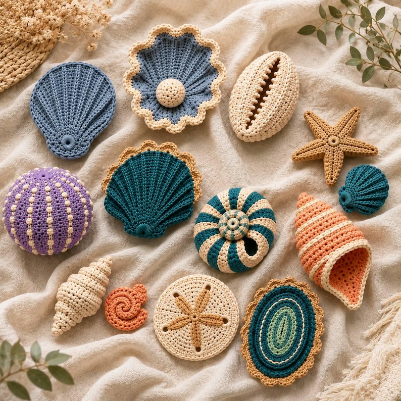 May include: A collection of crocheted sea life items including various shells, a starfish, a sea urchin, and a sand dollar. The pieces feature colours such as blue, teal, purple, orange, and cream, showcasing intricate yarn textures and patterns.