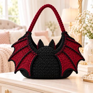 May include: A handmade crochet handbag shaped like a bat, featuring a solid black body with two pointed ears and large, textured wings in deep red and black. The bag includes a single, thick, braided dark red handle attached to the top.