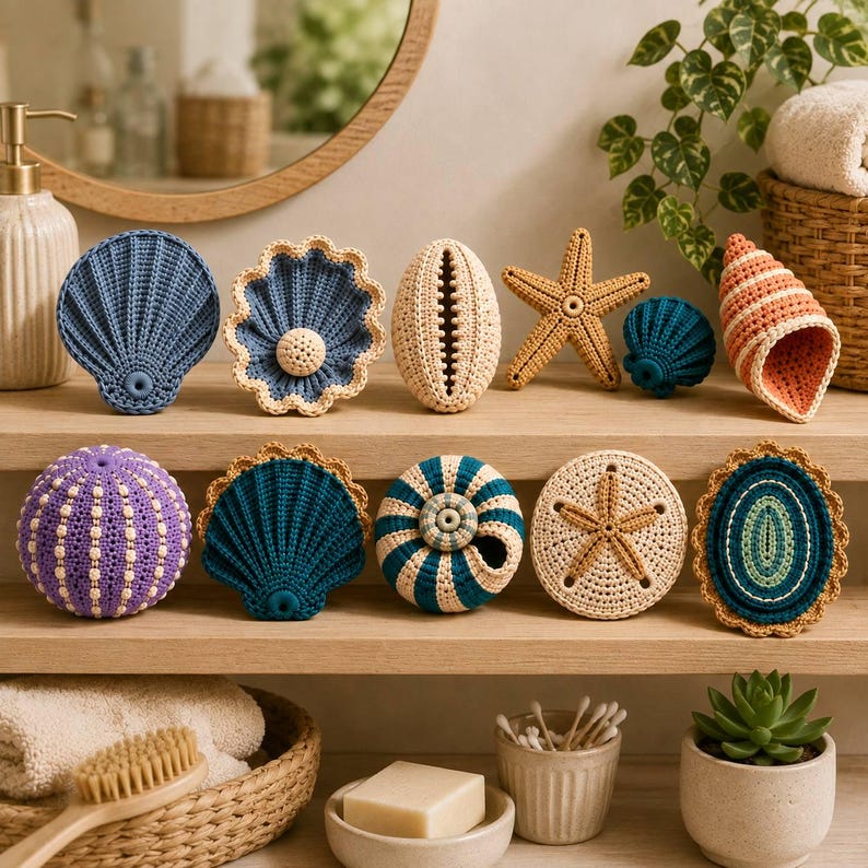 May include: A collection of ten crocheted sea-themed ornaments including various shells, a starfish, and a sea urchin. The items feature intricate yarn textures in shades of blue, purple, beige, and orange, arranged on two wooden shelves.
