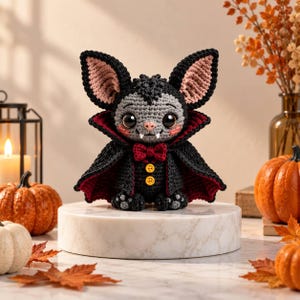 May include: A crocheted bat doll featuring a grey head, large black eyes, and two white fangs. It wears a black cape with a deep red lining, a small red bow tie, and a black vest with two yellow buttons. The ears are black with pink centers.