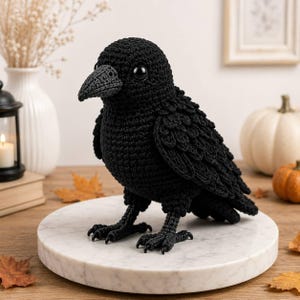 May include: A black crochet crow figurine featuring detailed stitched wings, a textured beak, and large glossy black eyes. The bird is crafted with intricate yarn work, showcasing individual feather-like layers on the wings and a sturdy standing posture.