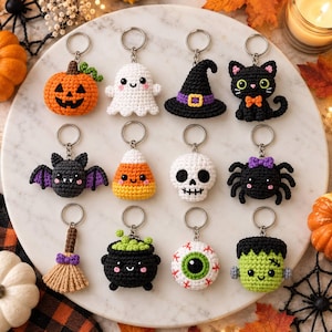 Halloween-virkat nyckelringspaket, 12-i-1 amigurumi-mönster i PDF-format, söta läskiga virkmönster, Halloween-presenter och festgåvor