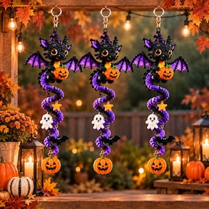 Mönster med virkad spiraldekoration i PDF-format, virkmönster med vindspinnare och pumpa i drake, Halloweendekorationer, Amigurumi-drakemönster
