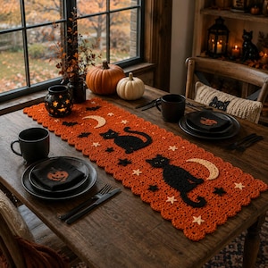 Puede incluir: Un camino de mesa rectangular de ganchillo naranja con siluetas de gatos negros, lunas crecientes de color crema y estrellas pequeñas. El camino tiene un borde festoneado y está colocado sobre una mesa de madera con platos, tazas y cubiertos negros.