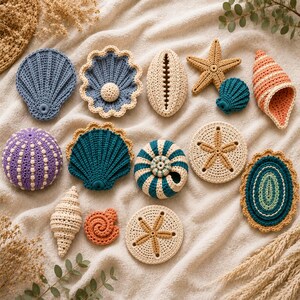 May include: A collection of crocheted sea life items including various shells, starfish, and sea urchins in shades of blue, cream, purple, and orange. The set features textured, hand-stitched details on each individual piece, showcasing intricate patterns.