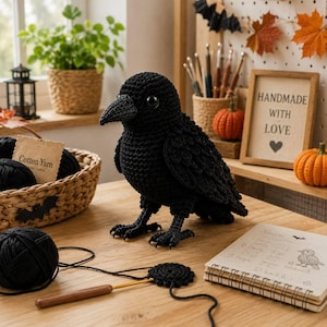 Könnte beinhalten: Eine schwarze, gehäkelte Rabenfigur mit dunklen Augen und einem strukturierten Schnabel. Der Rabe steht auf einer Holzoberfläche neben einem Knäuel schwarzem Garn, einer Häkelnadel und einem Notizbuch mit einer Vogelskizze und dem Text Raven.