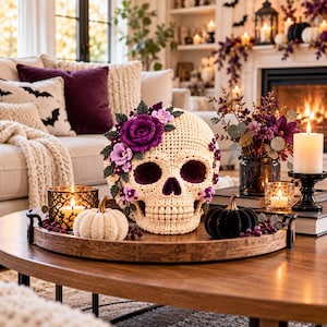 Patrón de calavera de azúcar a crochet, amigurumi de calavera floral en PDF, decoración gótica de Halloween a crochet, calavera de flores moradas, patrón de calavera espeluznante