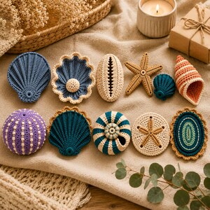 May include: A collection of ten crocheted sea life items including various shells, a starfish, a sea urchin, and a sand dollar. The pieces feature intricate yarn textures in shades of blue, purple, beige, and orange, arranged in two rows.
