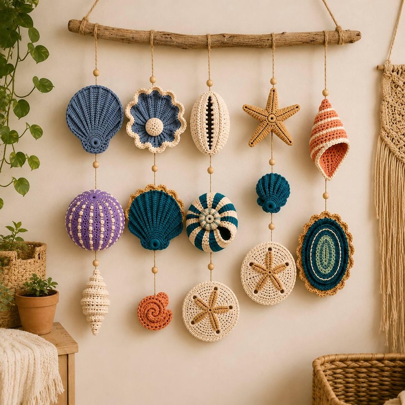 May include: A wall hanging featuring five vertical strands of crocheted marine life ornaments suspended from a horizontal driftwood branch. The ornaments include various shells, starfish, and sea urchins in shades of blue, purple, orange, and cream.