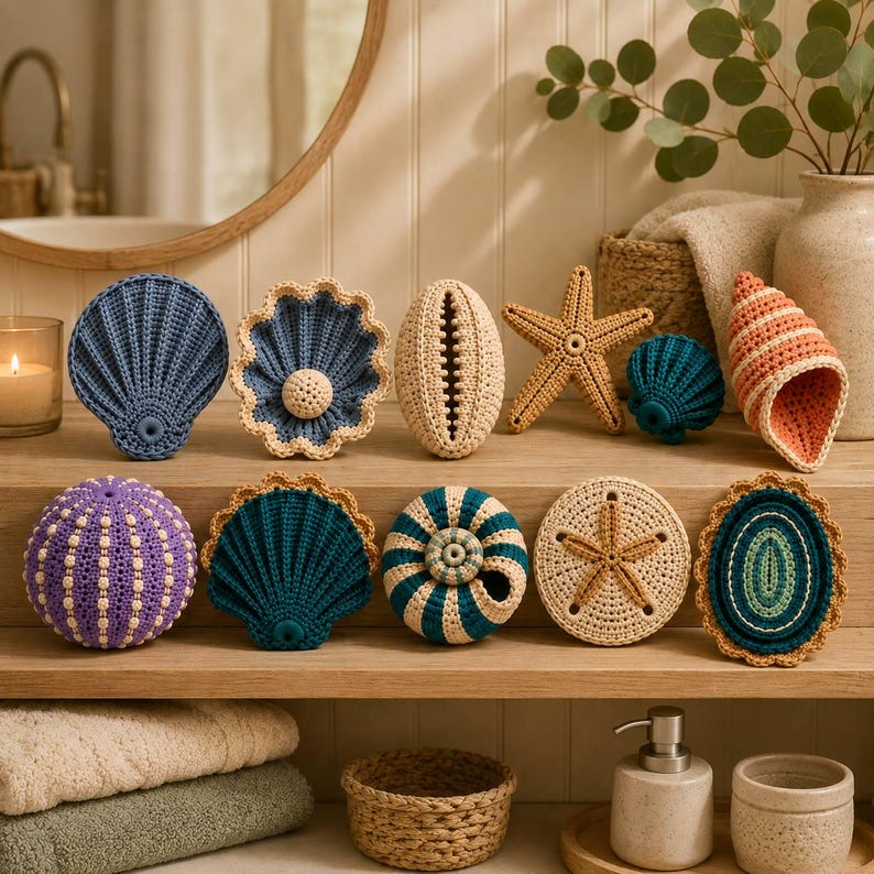 May include: A collection of ten crocheted sea life figures including various shells, a starfish, a sand dollar, and a sea urchin. The items feature intricate yarn textures in shades of blue, purple, beige, and orange, arranged on a wooden shelf.