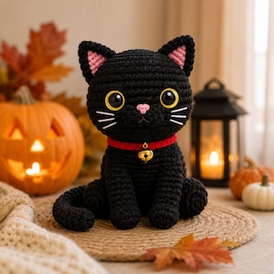 Peut inclure: Un chat en peluche crocheté noir avec de grands yeux jaunes, un petit nez rose, des moustaches blanches brodées et l'intérieur des oreilles rose. Le chat porte un collier rouge avec une petite clochette dorée au centre, en position assise.