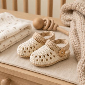 May include: A pair of cream-colored crochet baby sandals with a tan ankle strap and a small wooden flower button on the side. The sandals feature a woven texture with square cutouts and a solid tan sole, showcasing a handcrafted design.