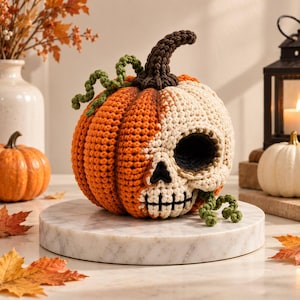 Può includere: Una zucca all'uncinetto con un design diviso, caratterizzata da un lato arancione brillante e un lato a forma di teschio color crema. La zucca ha un gambo marrone scuro e viticci verdi ricci. Il lato del teschio include un'orbita scura, naso e bocca cucita.