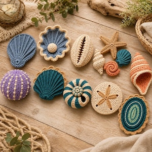 May include: A collection of various crocheted sea life items including shells, a starfish, a sand dollar, and a sea urchin. The pieces feature textured yarn in shades of blue, purple, beige, and orange, showcasing intricate stitching and patterns.