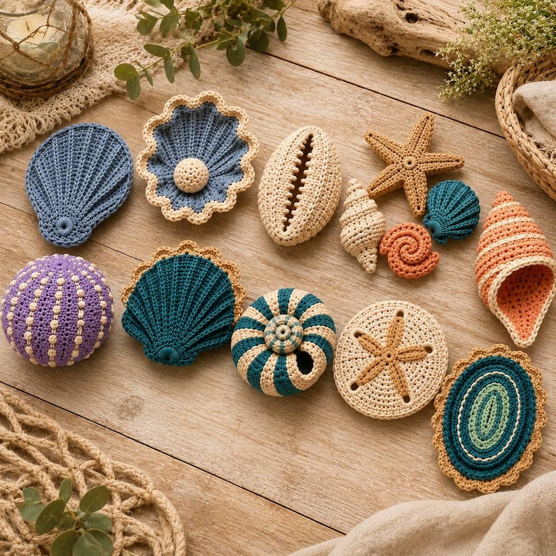 May include: A collection of various crocheted sea life items including shells, a starfish, a sand dollar, and a sea urchin. The pieces feature textured yarn in shades of blue, purple, beige, and orange, showcasing intricate stitching and patterns.