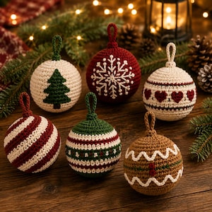 Peut inclure: Six boules de Noël en crochet présentant divers motifs festifs, notamment un sapin vert, un flocon blanc, des cœurs rouges, des rayures diagonales rouges et blanches, une bande à motifs verts et rouges, et un motif pain d'épices marron.