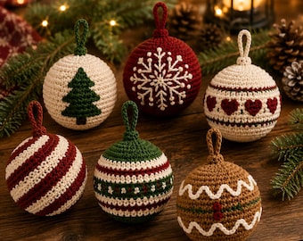 May include: Six spherical crochet ornaments featuring various holiday designs including a green pine tree, a white snowflake, red hearts, diagonal red and white stripes, a green and red patterned band, and a brown gingerbread-style motif with white trim.