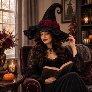 May include: A black crocheted witch hat featuring a pointed, curled top and a wide, ruffled brim adorned with a band of deep red crocheted roses. The hat is crafted with intricate lace-like stitching throughout the crown and the brim edge.