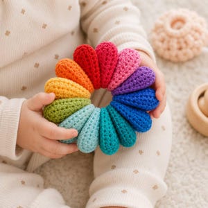 May include: A circular crochet toy featuring twelve individual teardrop-shaped segments arranged in a rainbow colour gradient. The segments transition from red, orange, and yellow to green, blue, indigo, and violet, creating a vibrant spectrum.