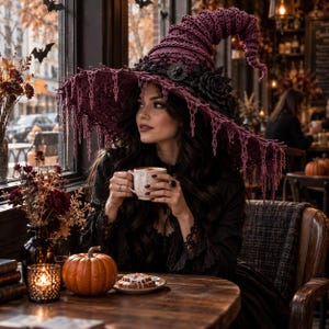 Puede incluir: Un sombrero de bruja de ganchillo en color morado oscuro con un ala ancha y deshilachada, una copa puntiaguda y un adorno floral negro con un camafeo central. El sombrero presenta intrincados patrones calados y detalles de flecos largos.
