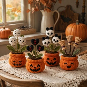 4 in 1 Halloween Pumpkin Flower Pot Crochet Pattern, Halloween Decor PDF, Mummy Skull Heart Broom Planter, Crochet Pattern