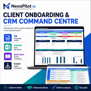 May include: A digital NexaPilot AI Client Onboarding & CRM Command Centre dashboard displayed on a laptop screen. The interface shows business performance metrics, lead pipelines, and project health charts. Includes 14 integrated sheets and an editable Excel workbook for managing leads, clients, projects, and payments in one system.
