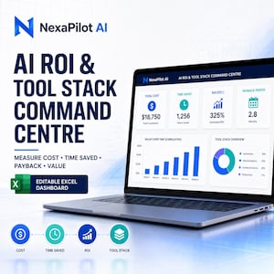 May include: A laptop displaying the NexaPilot AI ROI & Tool Stack Command Centre dashboard. The screen shows metrics for total cost, time saved, ROI, and payback period, alongside a bar chart and a pie chart. An Excel icon is visible on the left.