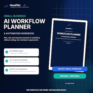 May include: A digital Small Business AI Workflow Planner and Automation Workbook by Eddy Boyd. The dark blue document features white text, 45 editable pages, 30 plus practical templates, and is available as an instant digital download.
