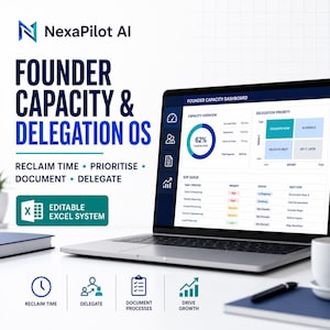 May include: A laptop displaying the NexaPilot AI Founder Capacity & Delegation OS dashboard, featuring a capacity overview chart, delegation priority matrix, and SOP queue. The text includes Reclaim Time, Prioritise, Document, Delegate, and Editable Excel System.