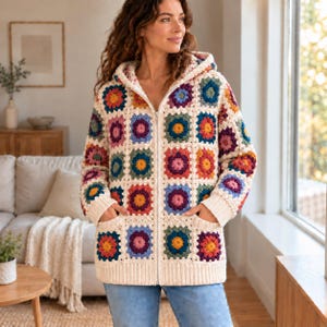 Puede incluir: Una chaqueta con capucha y cremallera que presenta un colorido patrón de ganchillo de cuadrados de la abuela. La prenda está confeccionada con motivos cuadrados individuales en tonos rojo, naranja, amarillo, azul y morado, unidos por hilo crema.