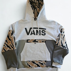 Vans Rework Hoodie Size XL, One of a Kind Upcycled Thrift Clothes, Handmade Patchwork Sweatshirt for Winter and Autumn