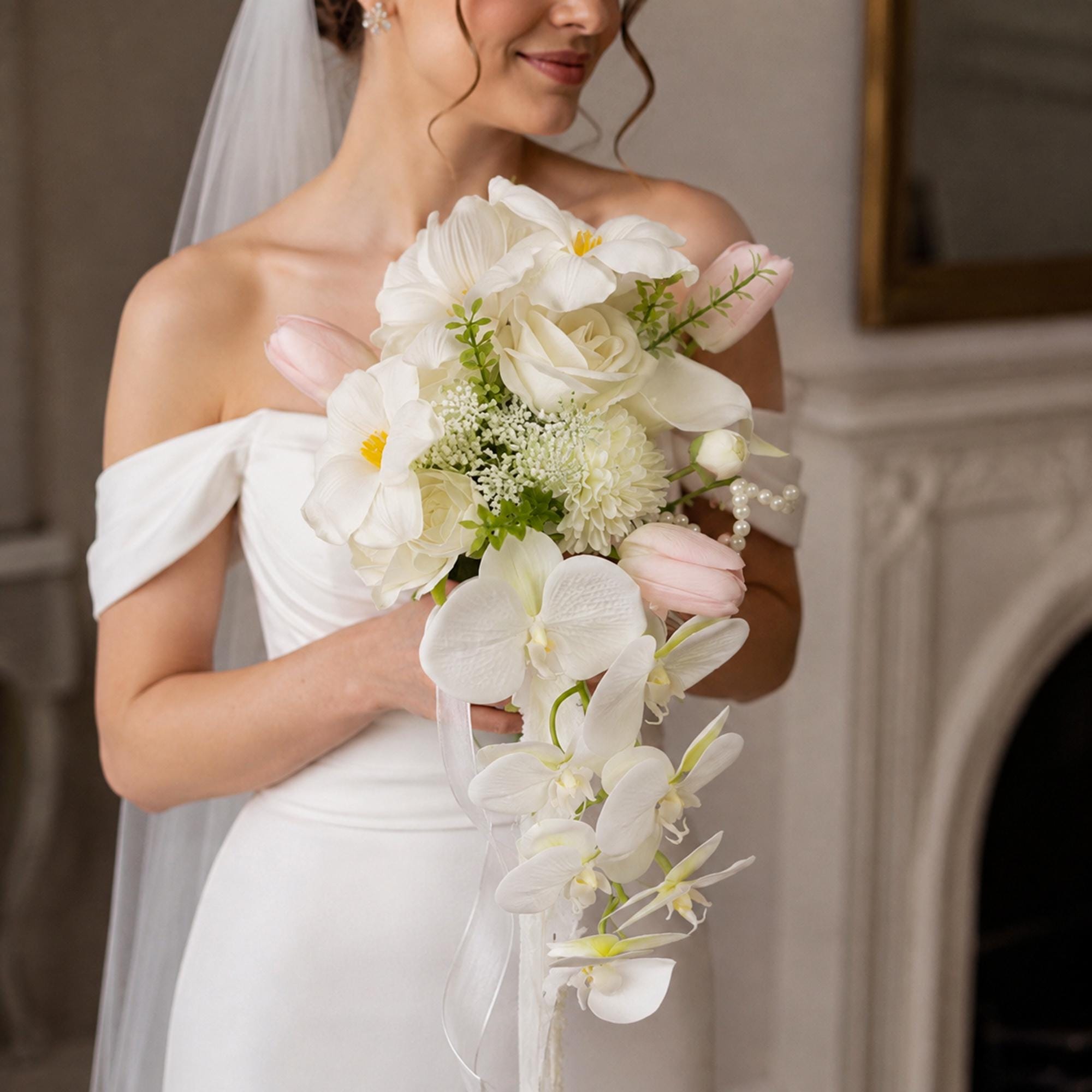 White Orchid Cascading， Bridal Bouquet ，Artificial Wedding Flowers ，Pink Tulip， Pearl Bride Bouquet