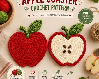 Crochet Apple Coaster Pattern, Fruit Mug Rug PDF, Easy Crochet, Instant Download
