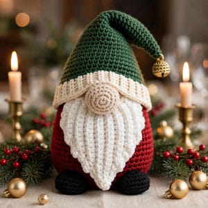 May include: A crocheted gnome figurine featuring a dark green pointed hat with a small gold bell at the tip, a cream-colored brim, a round beige nose, a long white beard, a red body, and two small black feet at the base.