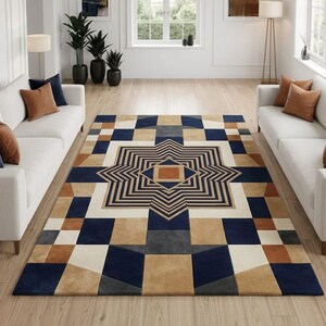 Tappeto geometrico trapuntato a mano, tappeto moderno in lana, tappeto patchwork astratto, decorazione artigianale per il soggiorno