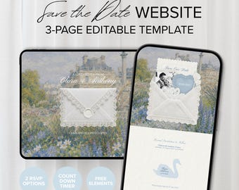 Dusty Blue Garden Lace Save The Date Wedding Website Template with RSVP | Classic Floral Envelope Canva Wedding Invitation (3-Page Editable)
