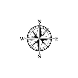 May include: A black and white graphic illustration of a compass rose featuring a central four-pointed star layered over a secondary four-pointed star, enclosed within a circular border with the cardinal direction letters N, S, E, and W.