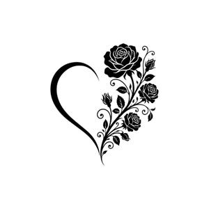 May include: A black and white graphic illustration featuring a heart shape formed on the left side by a curved line and on the right side by a detailed floral arrangement of three blooming roses, several rosebuds, and swirling leafy stems.