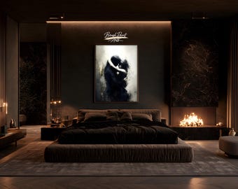 Dramatic Silhouette Couple Wall Art, Black and White Illustration Print, Bold Contrast Poster, Romantic Decor, Printable Download