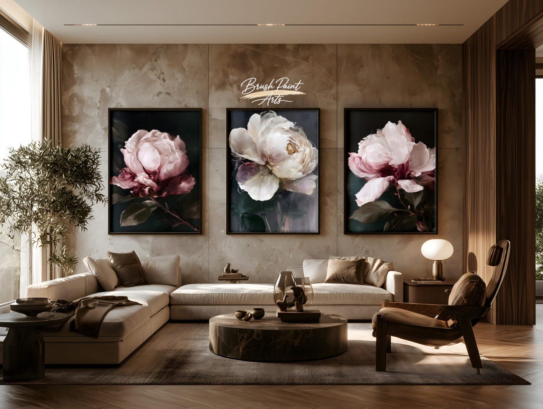 Set of 3 Single Peony Wall Art, Dark Background Floral Painting Print ...
