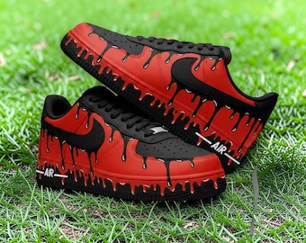 Custom Black Red Drip Air Force 1 Sneakers, gepersonaliseerde rode AF1 schoenen met drip-effect, streetwear schoenen met drip-effect, cadeau voor hem