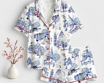London Pajama Set for Women, British City Print Short PJs, Travel Lover Gift, Cherry Blossom Satin Sleepwear, Summer Loungewear