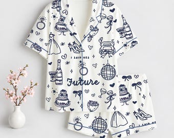 I Said Yes Bridal Pajama Set, Wedding Line Art Shirt and Shorts, Bride Getting Ready Outfit, Bachelorette Party Gift