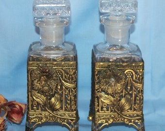 Matching Pair Vintage Gold Filigree Perfume Bottles