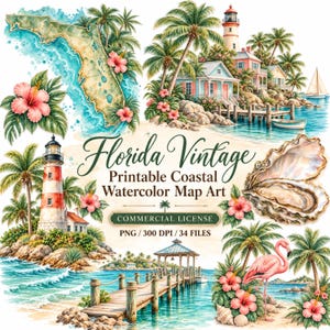Florida Vintage Printable Coastal Watercolor Map Art