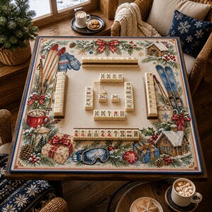 Tappetino da Mahjong per località sciistica, tappetino da tavolo da Mahjong natalizio, stampa di montagne innevate, regalo per appassionati di Mahjong americano.