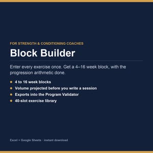 Puede incluir: Una plantilla digital azul oscuro titulada Block Builder para entrenadores de fuerza y acondicionamiento. Incluye texto que detalla bloques de 4 a 16 semanas, proyección de volumen, exportación al Program Validator y una biblioteca de 40 ejercicios.